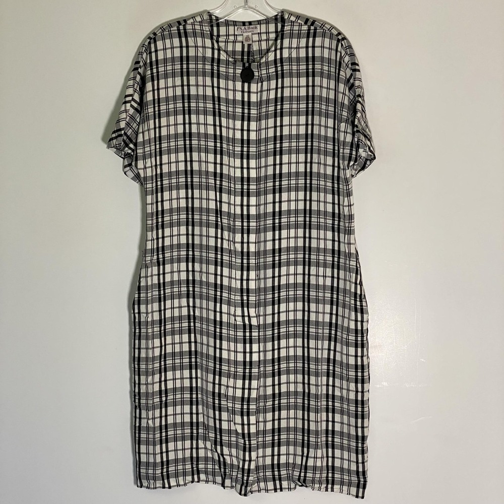 Vintage Jos. A. Bank Dress Womens 14 Black Plaid Shift Pockets Short Sleeve